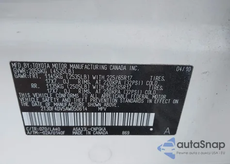 2010 Toyota Rav4 Limited z USA, uszkodzony, nr VIN 2T3DF4DV5AW050614